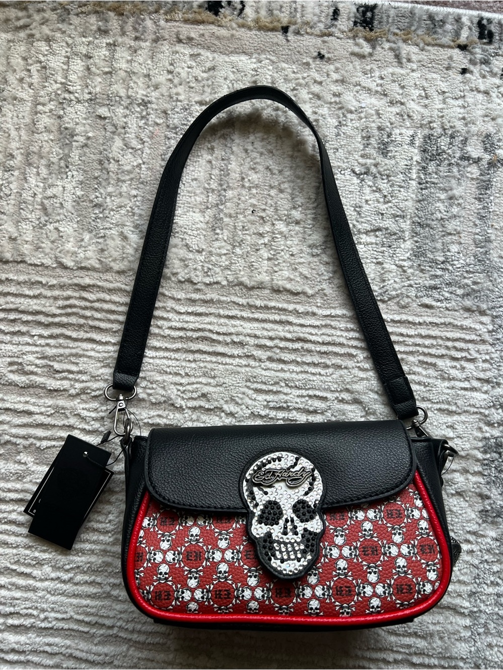 Ed Hardy Black and Red Skull Accent Shoulder Bag